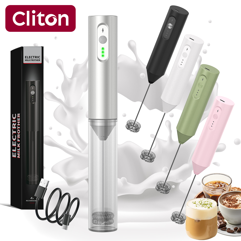Electric Milk Frother Handheld - Cliton 電気メッキシルバー USB-C 充電式 3段階速度調整 電動ミルクフォーマー（プロテイン用）