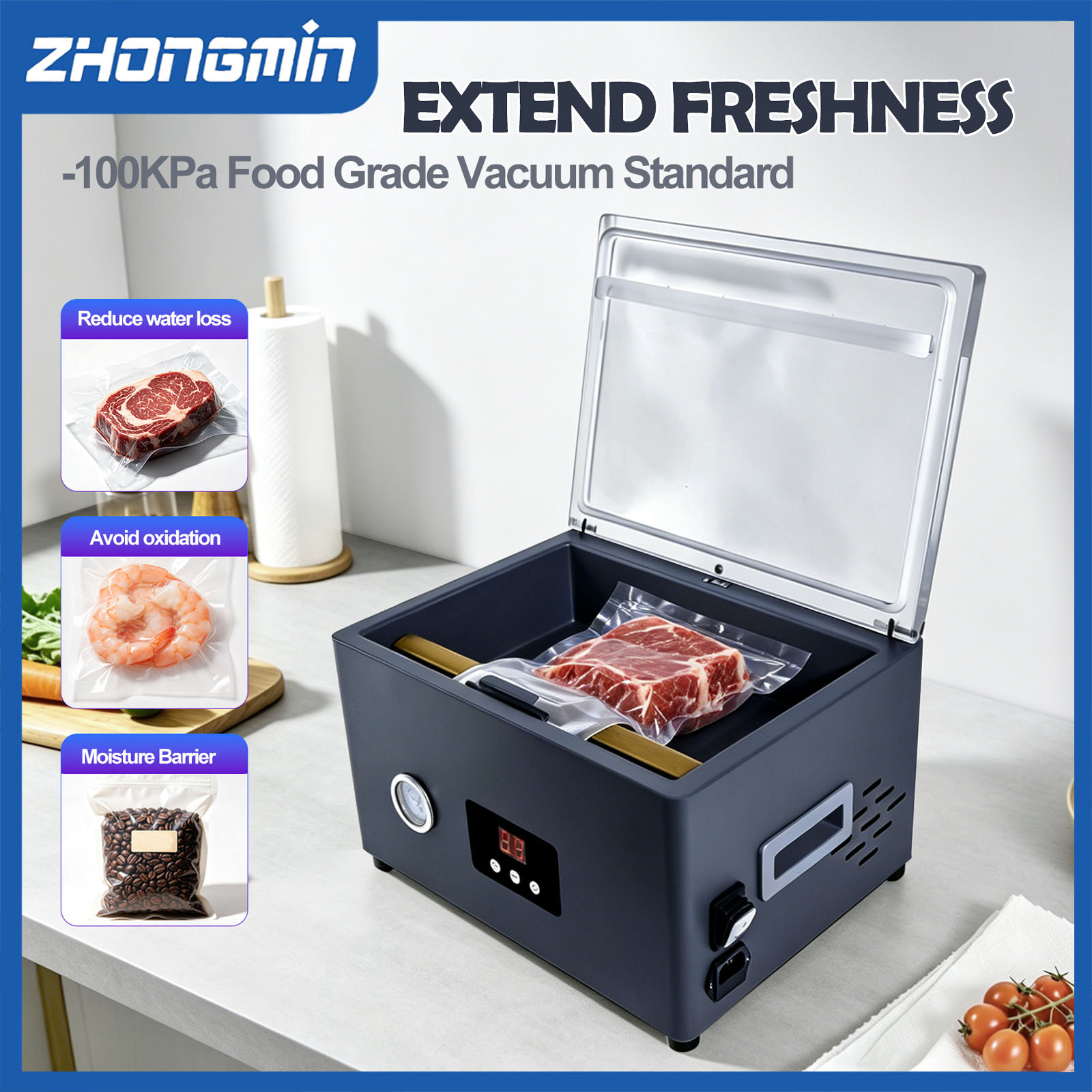 Food Vacuum Sealer Machine - ZM-CVS300 電気式自動真空包装機。食品の真空シーリング、保存、保管に最適。キッチン用。220V/110V対応。