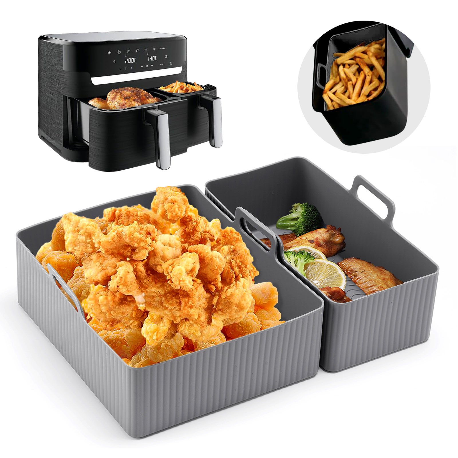 Air Fryer Silicone Pot Liner - 再利用可能なシリコンエアフライヤーマット、ベーキングパン型、オーブントレイパッド、焦げ付き防止バスケット、ライナーポット、キッチンツール、1セットあたり2個