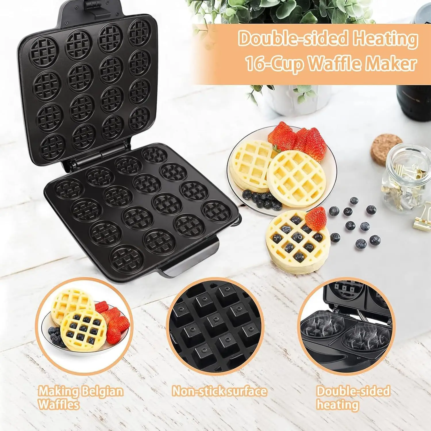 16穴ワッフルメーカー、急速加熱ノンスティック表面小型ワッフ - Mini Waffle Maker Machine のレビューと価格
